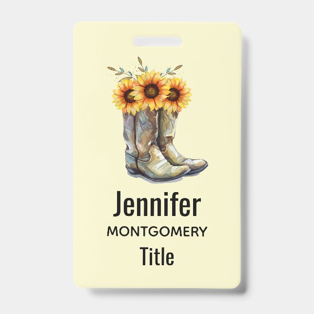 Rustic Cowboy Boots with Sunflowers ID Badge (Front)