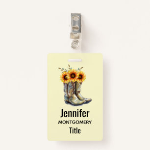 Rustic Cowboy Boots with Sunflowers ID Badge