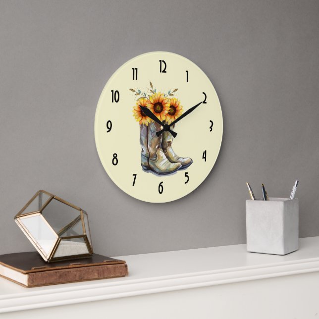 Rustic Cowboy Boots with Sunflowers Large Clock (Office)