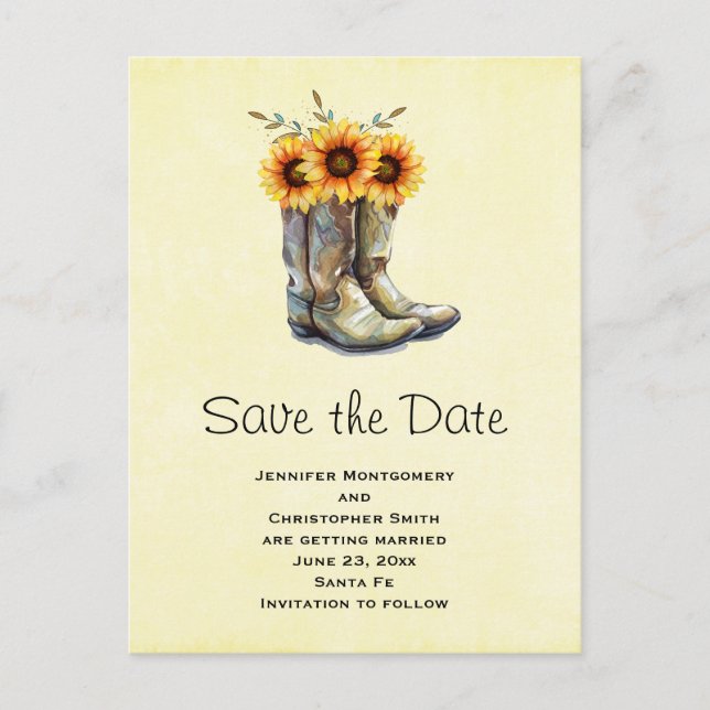 Rustic Cowboy Boots with Sunflowers Save The Date Invitation Postcard (Front)
