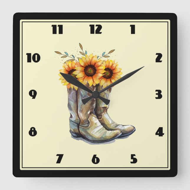 Rustic Cowboy Boots with Sunflowers Square Wall Clock (Front)