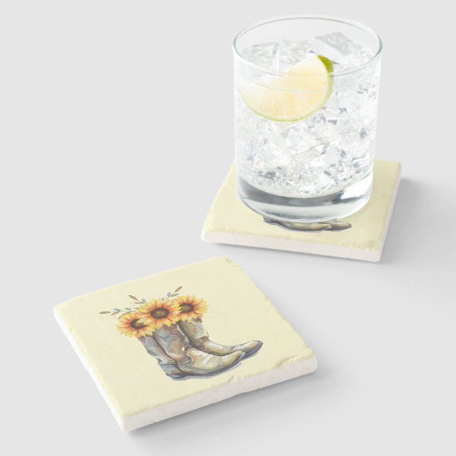 Rustic Cowboy Boots with Sunflowers Stone Coaster (Side)