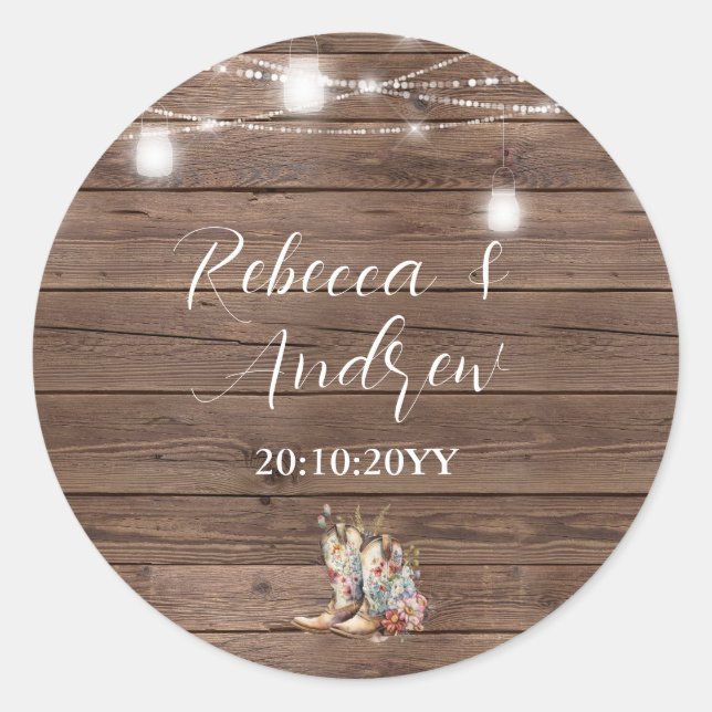 Rustic Cowboy Cowgirl Boots String Lights Wedding  Classic Round Sticker (Front)