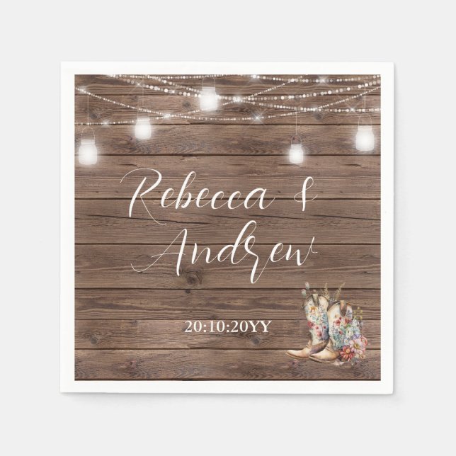 Rustic Cowboy Cowgirl Boots String Lights Wedding  Napkin (Front)