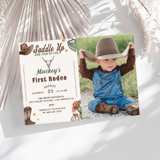 Rustic Cowboy First Rodeo 1st Birthday Photo Invitation