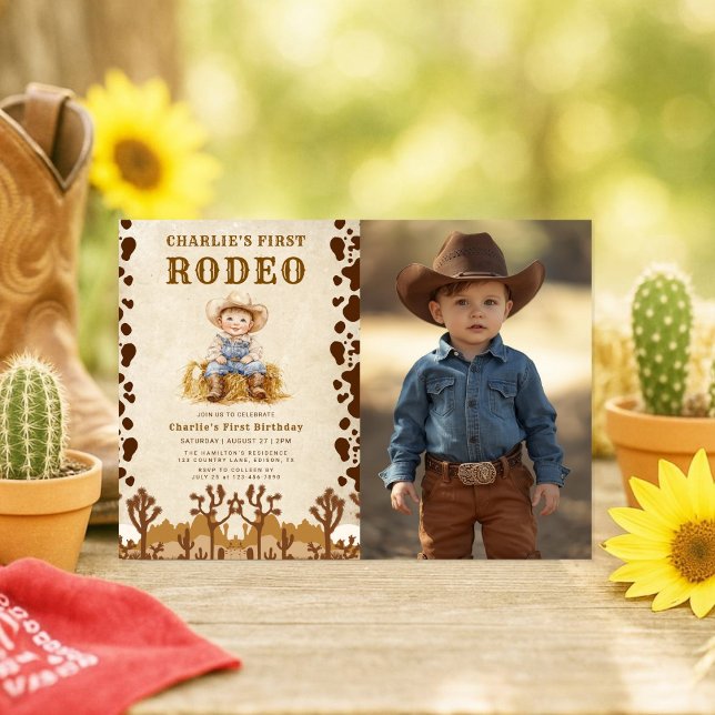 Rustic Cowboy First Rodeo 1st Birthday Photo Invitation (Creator Uploaded)