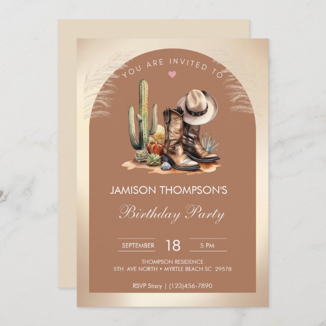 Rustic Cowboy Hat and Boots Watercolor  Birthday   Invitation (Front/Back)