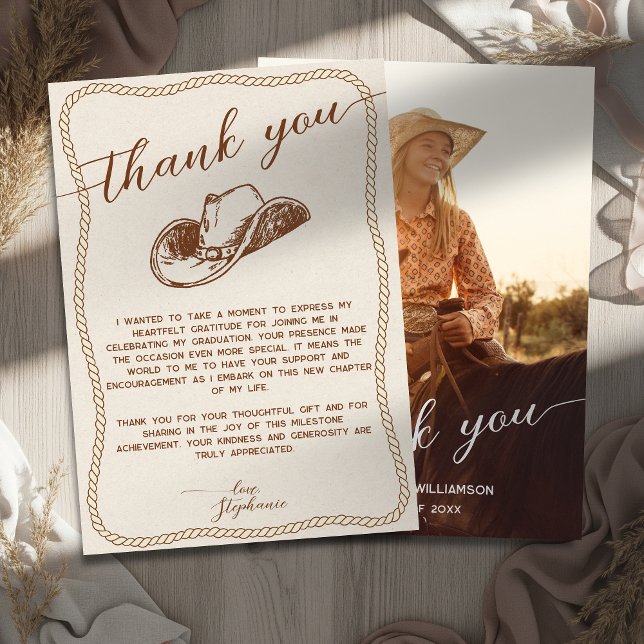  Rustic Cowboy Hat Photo Graduation Party Script Thank You Card (Creator Uploaded)