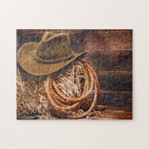 Rustic Cowboy Hat Rope Hay Photo Jigsaw Puzzle