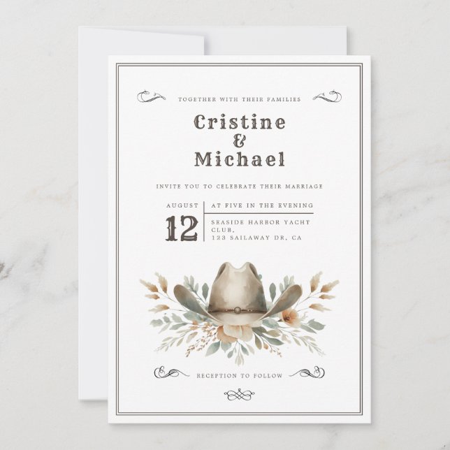 Rustic Cowboy hat wedding Invitation (Front)