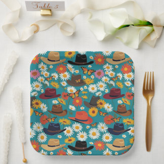 Rustic Cowboy Hats Daisies And Butterflies Teal Paper Plate