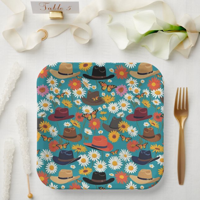 Rustic Cowboy Hats Daisies And Butterflies Teal Paper Plate (Wedding)