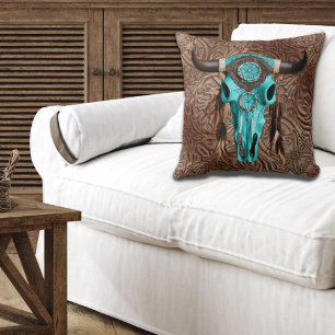 Rustic Cowboy Southwestern Turquoise Bull Skull Cushion