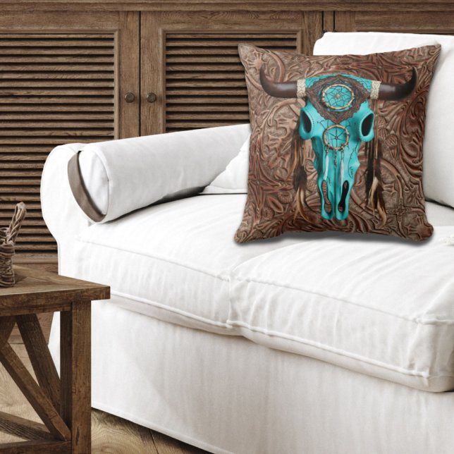 Rustic Cowboy Southwestern  Turquoise Bull Skull  Cushion (Creator Uploaded)