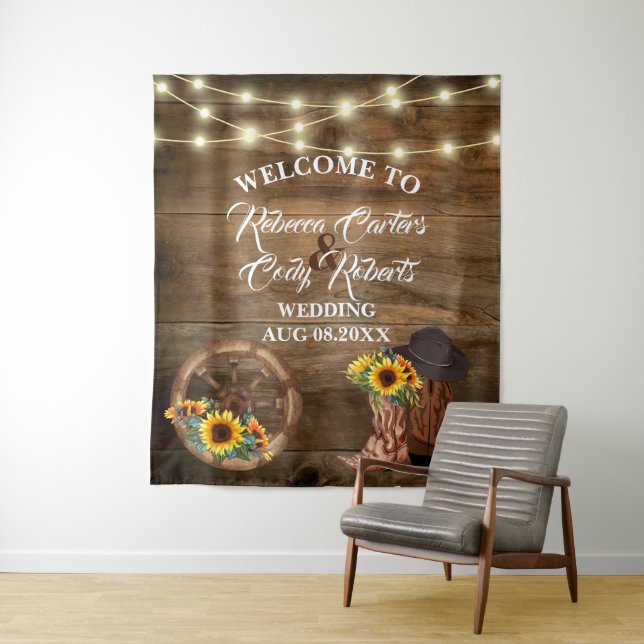 Rustic Cowboy Sunflower Western Wedding Backdrop Tapestry (In Situ)