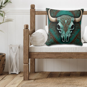 Rustic Cowboy Teal Country Western Bull Skull Cushion