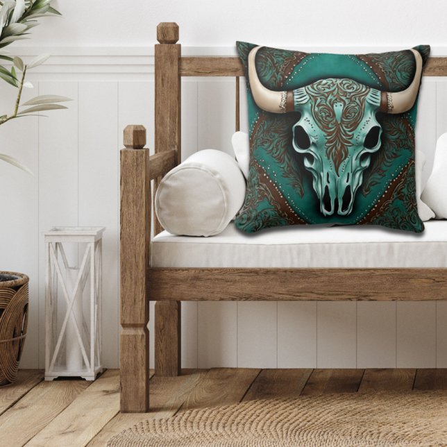Rustic Cowboy Teal Country Western Bull Skull  Cushion (Creator Uploaded)
