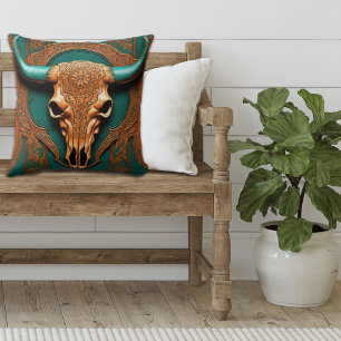 Rustic Cowboy Teal Orange Southwestern Bull Skull  Cushion