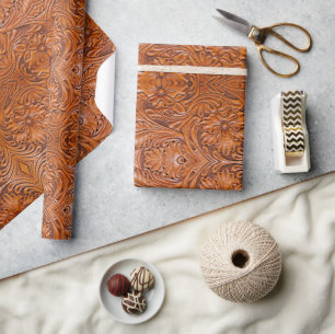 Rustic Cowboy Western Country Tooled Leather Print Wrapping Paper