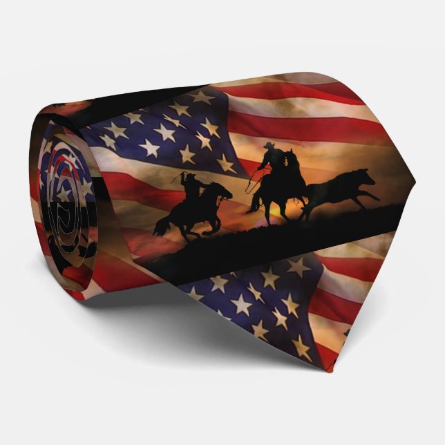 Rustic Cowboys Roping and American Flag Tie (Rolled)
