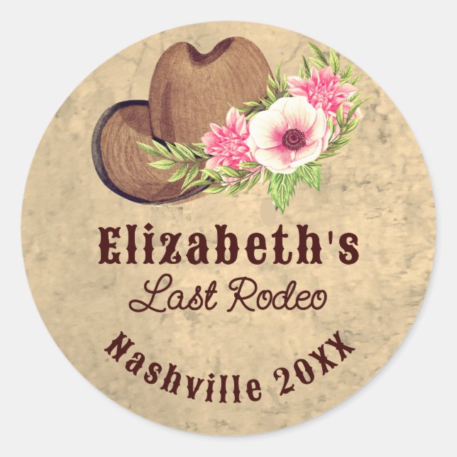 Rustic Cowgirl Bachelorette Pink Floral Last Rodeo Classic Round Sticker (Front)
