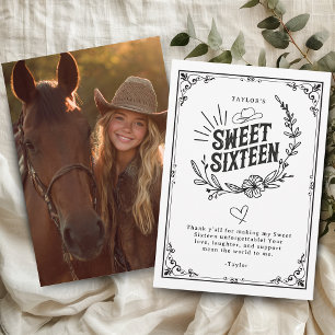 Rustic Cowgirl Black and White Sweet Sixteen Photo Thank You Card