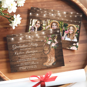 Rustic Cowgirl Boots 3 Photos Graduation Party  Invitation