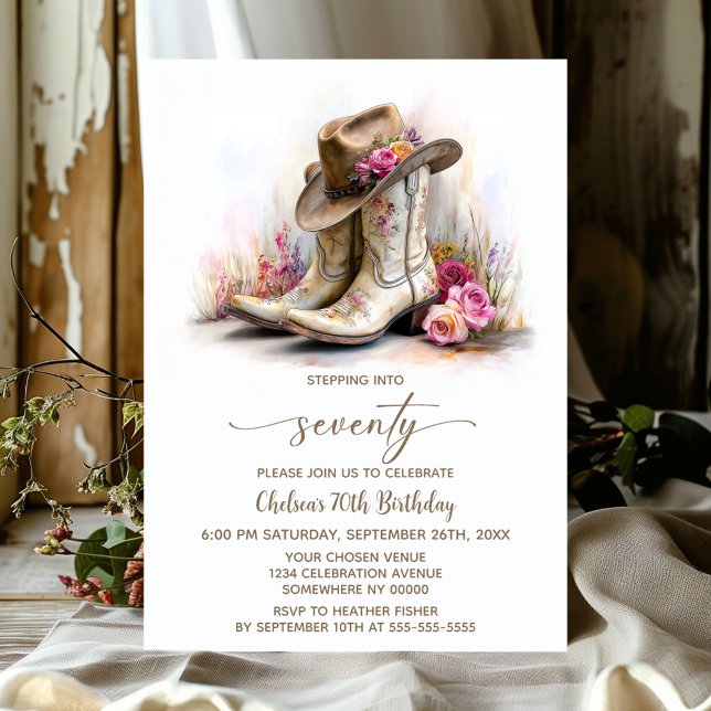 Rustic Cowgirl Boots and Hat 70th Birthday Party Invitation (Creator Uploaded)