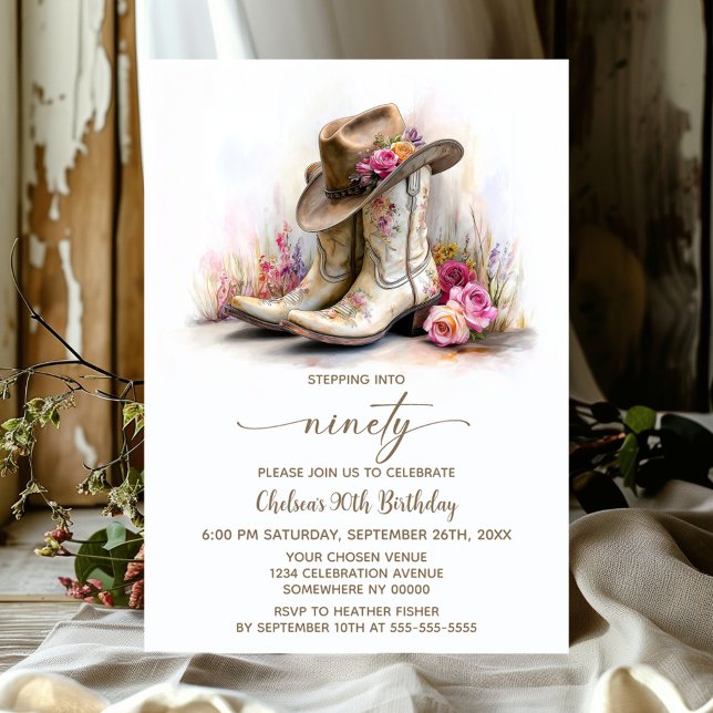 Rustic Cowgirl Boots and Hat 90th Birthday Party Invitation (Creator Uploaded)