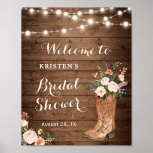 Rustic Cowgirl Boots Floral Lights Bridal Shower Poster