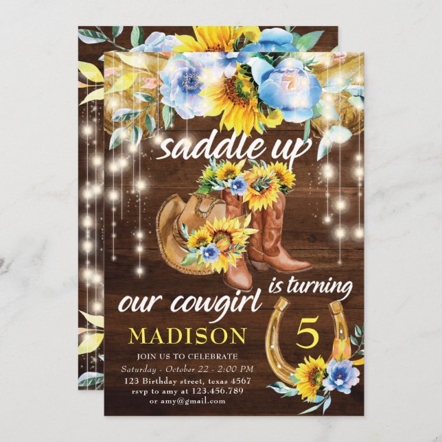 Rustic Cowgirl Boots Floral String Lights Birthday Invitation (Front/Back)