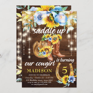 Rustic Cowgirl Boots Floral String Lights Birthday Invitation