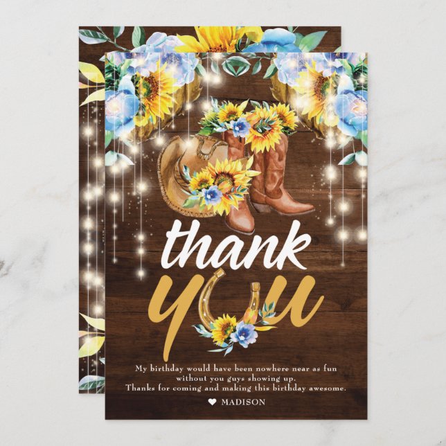 Rustic Cowgirl Boots Floral String Lights Thank You Card (Front/Back)