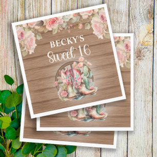 Rustic Cowgirl Boots Pink Roses Sweet 16  Napkin