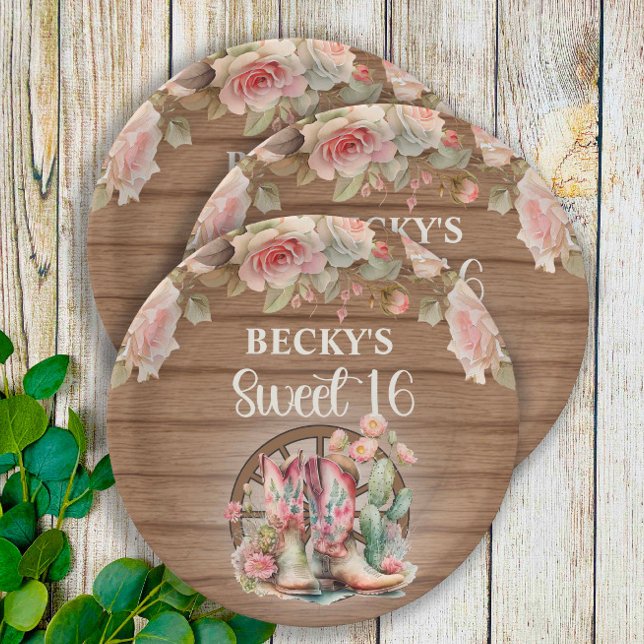 Rustic Cowgirl Boots Pink Roses Sweet 16  Paper Plate (Creator Uploaded)