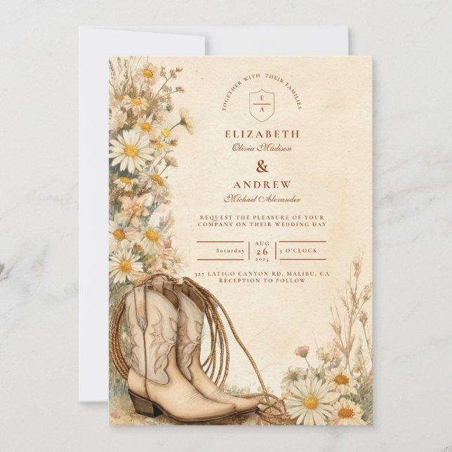 Rustic Cowgirl Boots Wildflower Wedding Invitation (Front)