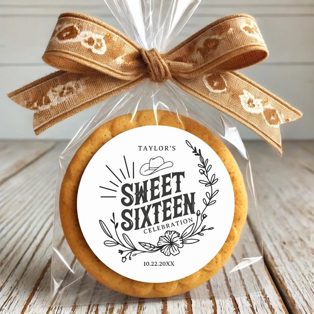 Rustic Cowgirl Floral Sweet Sixteen Birthday Party Classic Round Sticker (cookie wrapped in plastic featuring rustic sweet sixteen sticker)