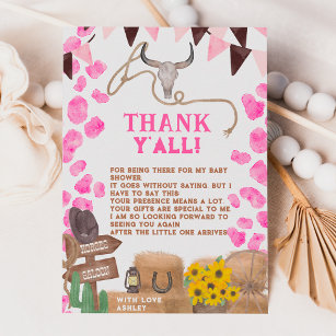 Rustic cowgirl western pink cow baby shower thank you card