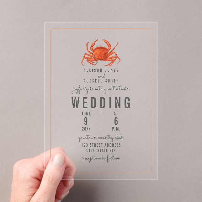 Rustic Crab Coastal Beach Wedding Acrylic Invitations (Insitu (Handheld))