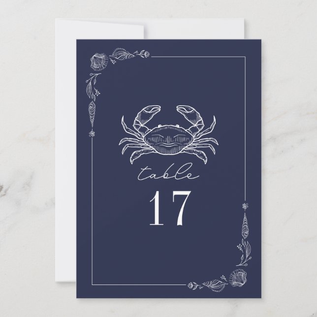 Rustic Crab Dark Blue Wedding Table Number (Front)
