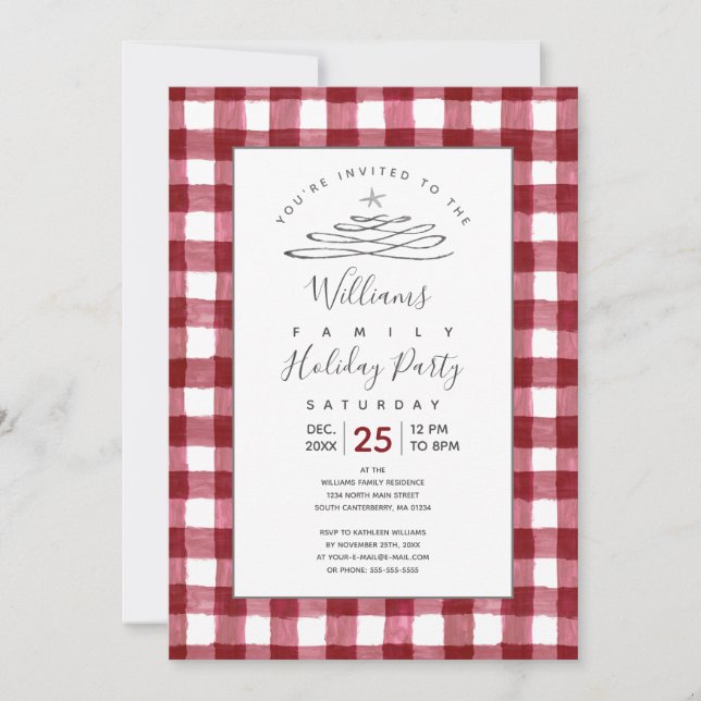 Rustic Cranberry Gingham Holiday Invitation (Front)