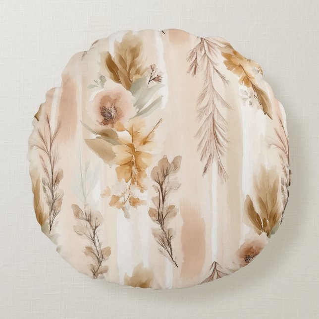 Rustic Cream Boho Floral Round Cushion (Front)
