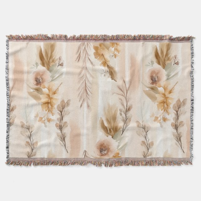 Rustic Cream Boho Floral Throw Blanket (Front)