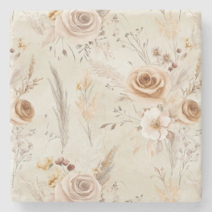 Rustic Cream Boho Flowers Stone Coaster