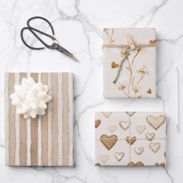 Rustic Cream Brown Hearts Stripes Birthday Wrapping Paper Sheet (Front)