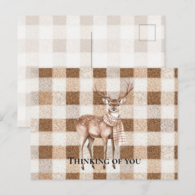 Rustic Cream Brown Plaid Deer Thinking of you Postcard (Front/Back)