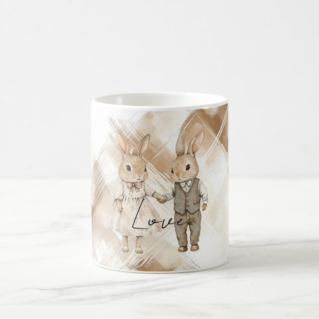 Rustic Cream Brown Stripes Bunny Rabbits Love Coffee Mug (Center)