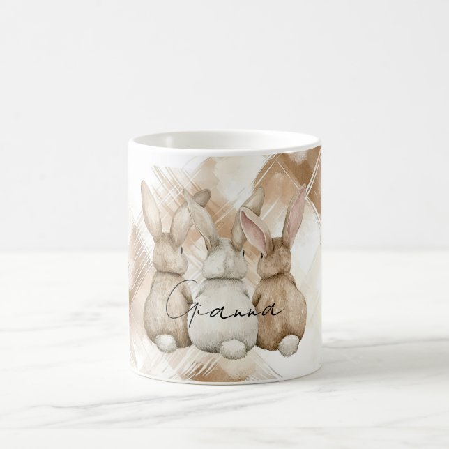 Rustic Cream Brown Stripes Three Bunny Rabbits Coffee Mug (Center)