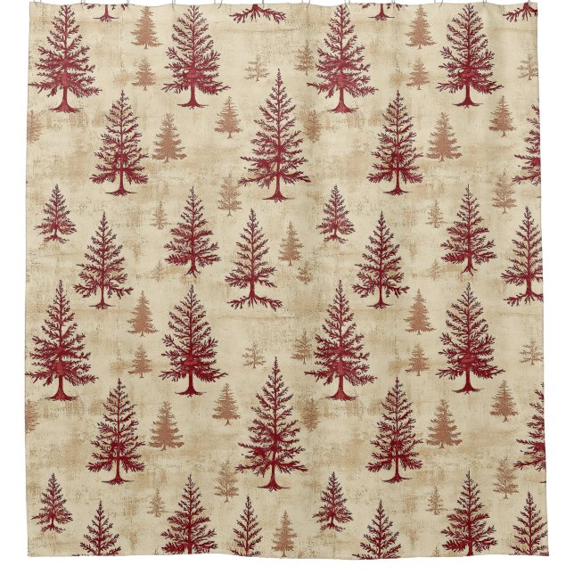 Rustic Cream Burgundy Winter Pine Forest Pattern Shower Curtain (Front)