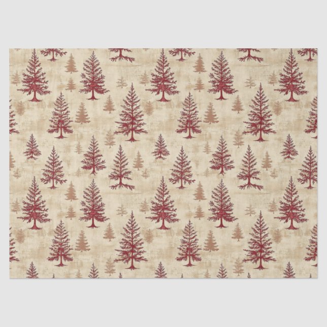 Rustic Cream Burgundy Winter Pine Forest Pattern Tissue Paper (Front)